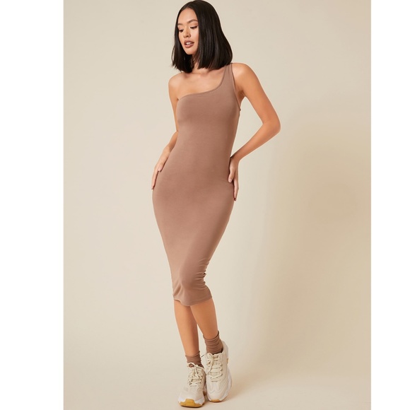 Mocha Brown Asymmetrical Pencil Dress - Picture 2 of 6